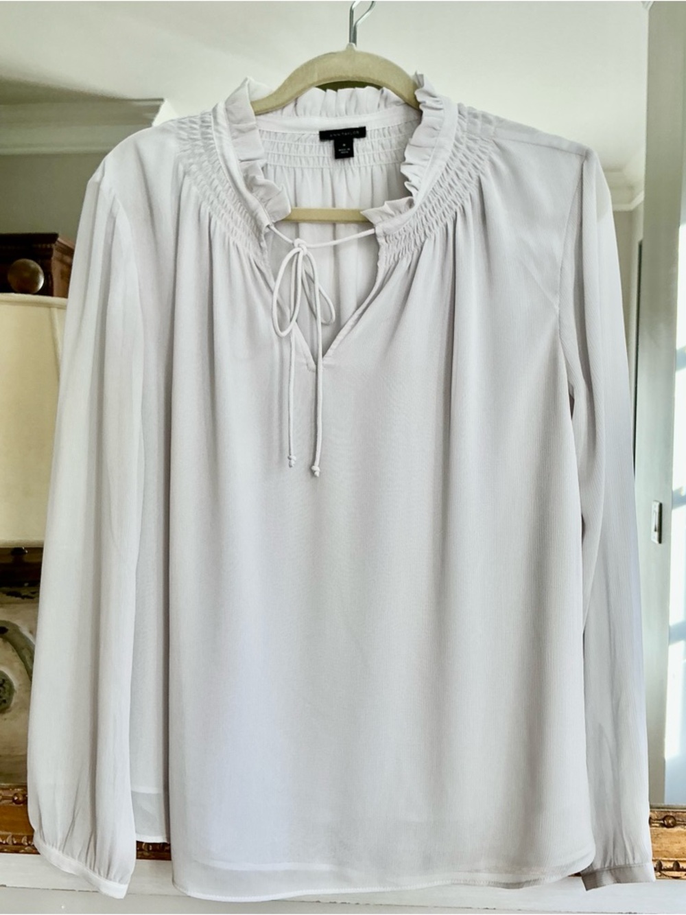 Ann Taylor Light Gray Ruffle-Neck Long-Sleeve Ann Taylor Blouse.